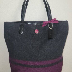 Coach North South Stripe Black & Purple Wool Tote